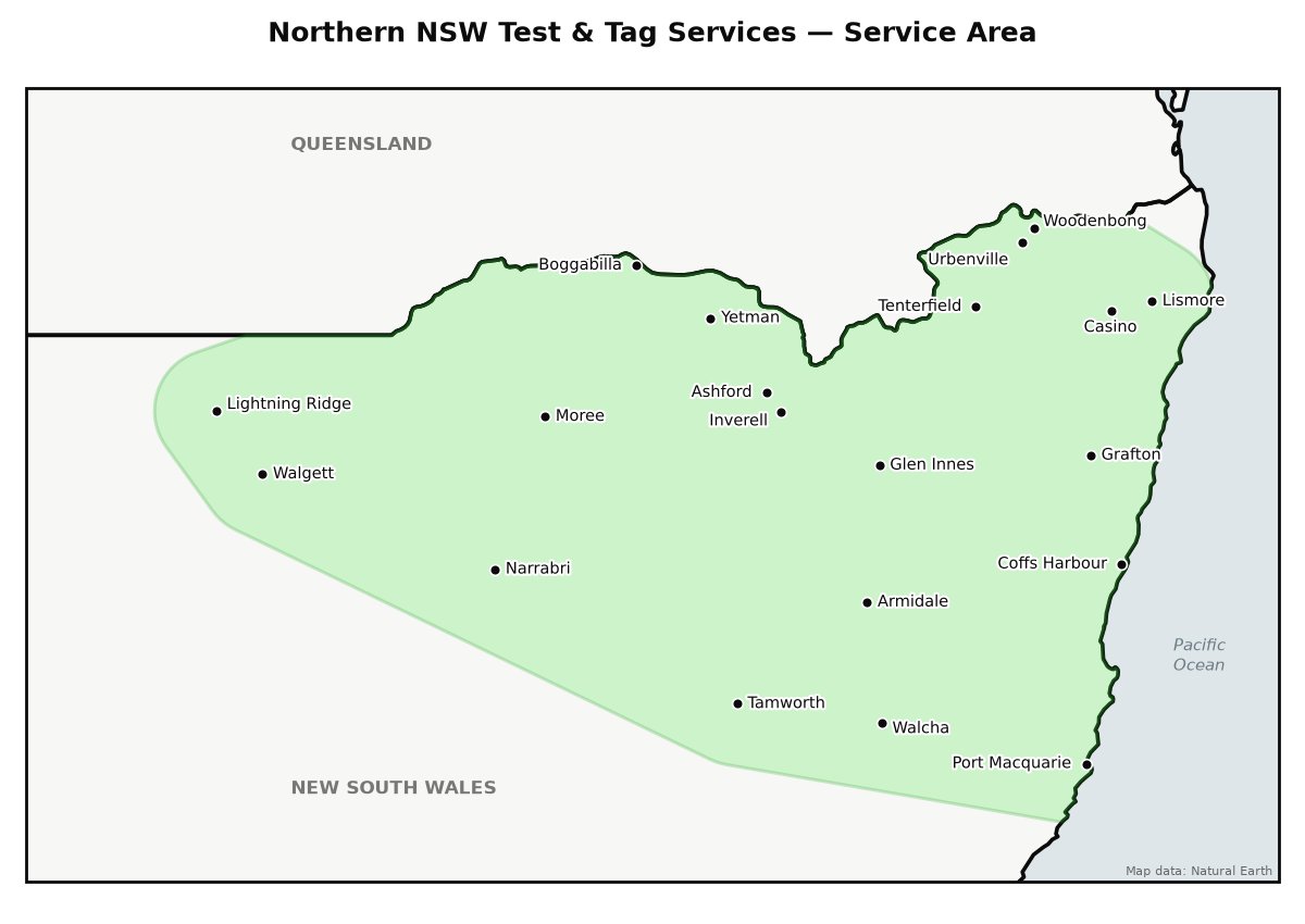Map of the Northern NSW service area, from Lismore and Woodenbong to Port Macquarie and west to Lightning Ridge